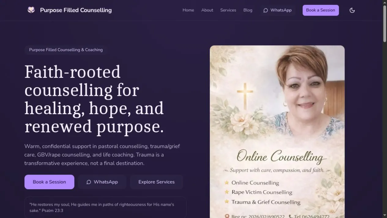 Purpose Filled Counselling website homepage